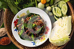 [Thai Esan food] Spicy Mushroom Straw mushroom Salad, Thai Esan local food, Thailand