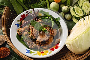 [Thai Esan food] Spicy Mushroom Straw mushroom Salad, Thai Esan local food, Thailand