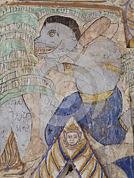 THAI ESARN famous unique myth story mural fresco painting