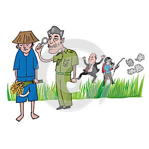 Thai farmer inspected by officer cartoon