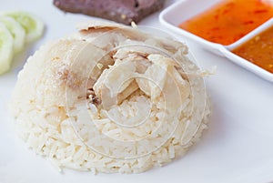 Thai fast food rice steamed with chicken soup photo