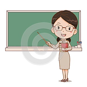 Thai female teacher holding a stick in front of blackboard.