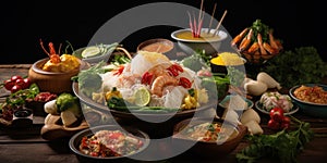 Thai food background. Dishes of thai cuisine. Tom yum, tom kha gai, pad thai noodles, fried rice with pork and vegetables khao