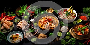 Thai food background. Dishes of thai cuisine. Tom yum, tom kha gai, pad thai noodles, fried rice with pork and vegetables khao