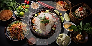 Thai food background. Dishes of thai cuisine. Tom yum, tom kha gai, pad thai noodles, fried rice with pork and vegetables khao