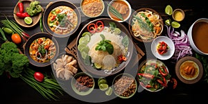 Thai food background. Dishes of thai cuisine. Tom yum, tom kha gai, pad thai noodles, fried rice with pork and vegetables khao