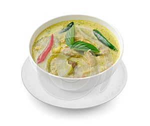Thai food chicken green curry in the white bolw on white background