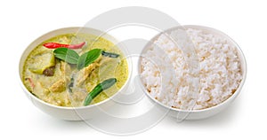 Thai food chicken green curry in the white bowl and rice