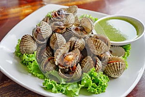 Thai Food,Fresh Cockles on wooden table