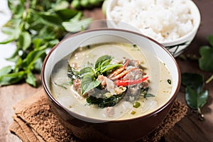 Thai food,Green curry with pork and cooked rice