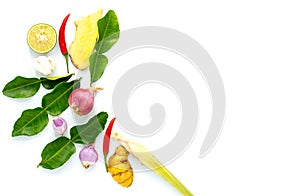 Thai food ingredient for Tom yum on white background with copy space