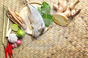 Thai food Ingredient of Tom Yum spicy soup With steamed mackerel