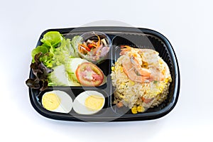 Thai food lunch box in plastic packages, Authentic Thai Fried Rice With Shrimp