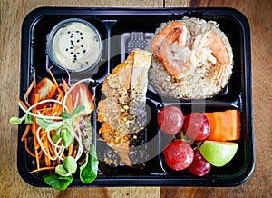 Thai food lunch boxs, Fried Rice and Seafood in take away plastic box