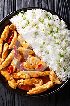 Thai food: Panang curry with rice close-up. Vertical top view fr