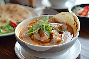 Thai food panang curry served with crispy roti