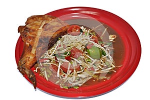 Thai food : Papaya salad and chicken grilled