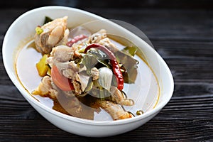 Thai food Pork spare rib Spicy soup in white bowl