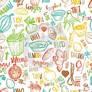 Thai food seamless hand drawn rough pattern.