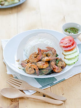 Thai food, shrimp with hot basil.