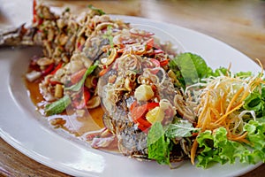 Thai Food,Snakehead fish on the white plate