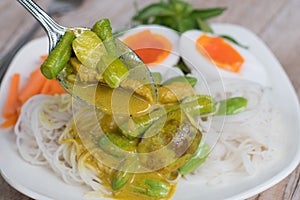 Thai food spicy pork and vegetable Parkia speciosa curry