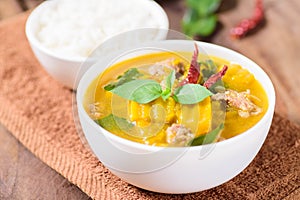 Thai food.Spicy pumpkin soup with pork