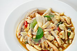 Thai food, stir-fried crab meat with chilli, garlic and lemon grass
