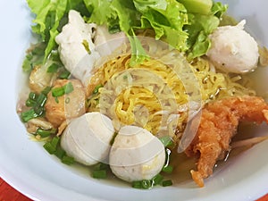 Thai food style:A prawn noodle soup served with pork and meaball.