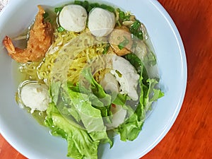 Thai food style:A prawn noodle soup served with pork and meaball.