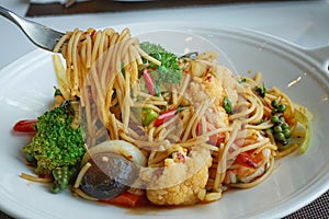 Thai food style Spaghetti Pad Kee Mao,