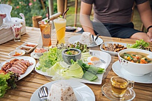 Thai food on the table eat have a roast duck, Nam prik, Mushroom