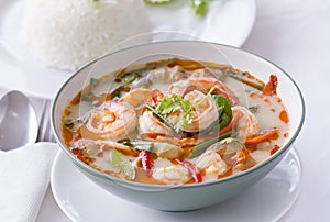 Thai Food, Tom Yam Goong, in white with steamed rice