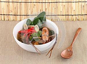 Thai food tom yam soup with shrimp in a Bowl.(Tom yum Kung)