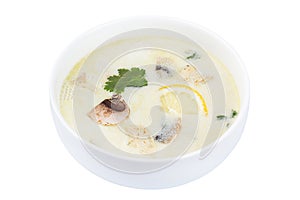 Thai Food Tom Yum Gong. Soup in a white bowl isolated on white background.