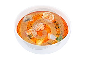 Thai Food Tom Yum Gong. Soup in a white bowl isolated on white background.