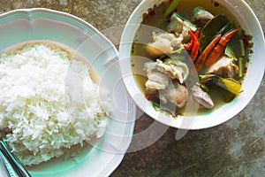 Thai Food Tom Yum Kha-moo(pock) with dish of rice