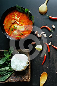 Thai food vertical background concept. Dish of Thailand cuisine. Tom yum pork soup