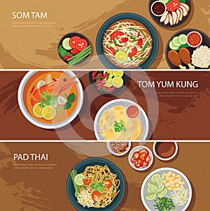 Thai food web banner flat design.som tam, tom yum kung,pad thai