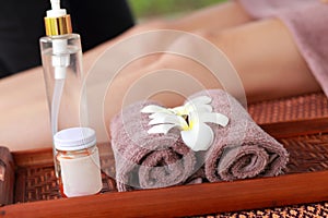 Thai foot massage alternative medicine therapy with Thai herb aroma oil , background for spa and alternative medical therapy