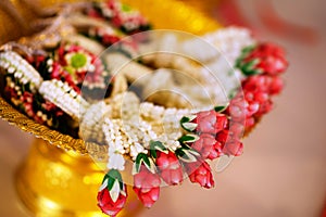 Thai fresh flowers garlands are used by groom and bride in wedding day