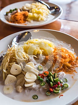 Thai fresh rice noodle with pineapple and coconut milk