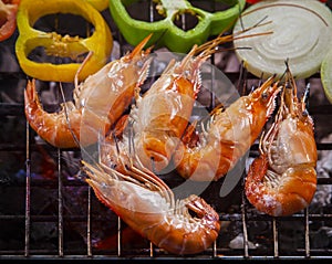 thai fresh water shrimp grilled on barbecue fire stove with chilly and onion ring