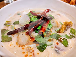 Thai Fried Gourami fish coconut soup Tom Kha Pla Sa Lid