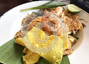 Thai Fried Noodles `Pad Thai` with shrimp and vegetables