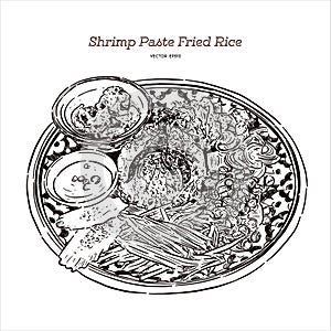 thai fried rice with shrimp paste, khao kluk kapi. Hand draw vector