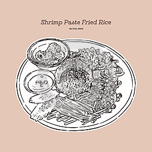 Thai fried rice with shrimp paste, khao kluk kapi. Hand draw vector