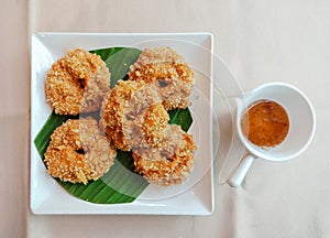 Thai Fried Shrimps Cakes on plate, Top view