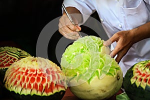 Thai fruit carving with hand, Vegetable and Fruit Carving