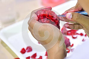 Thai fruit carving with hand, Vegetable and Fruit Carving photo